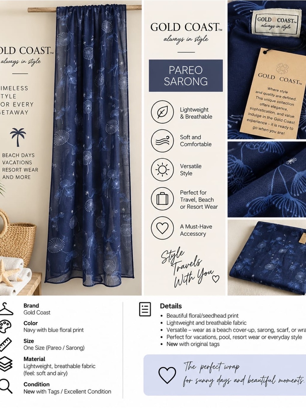 Navy Blue Floral Pareo Sarong Scarf